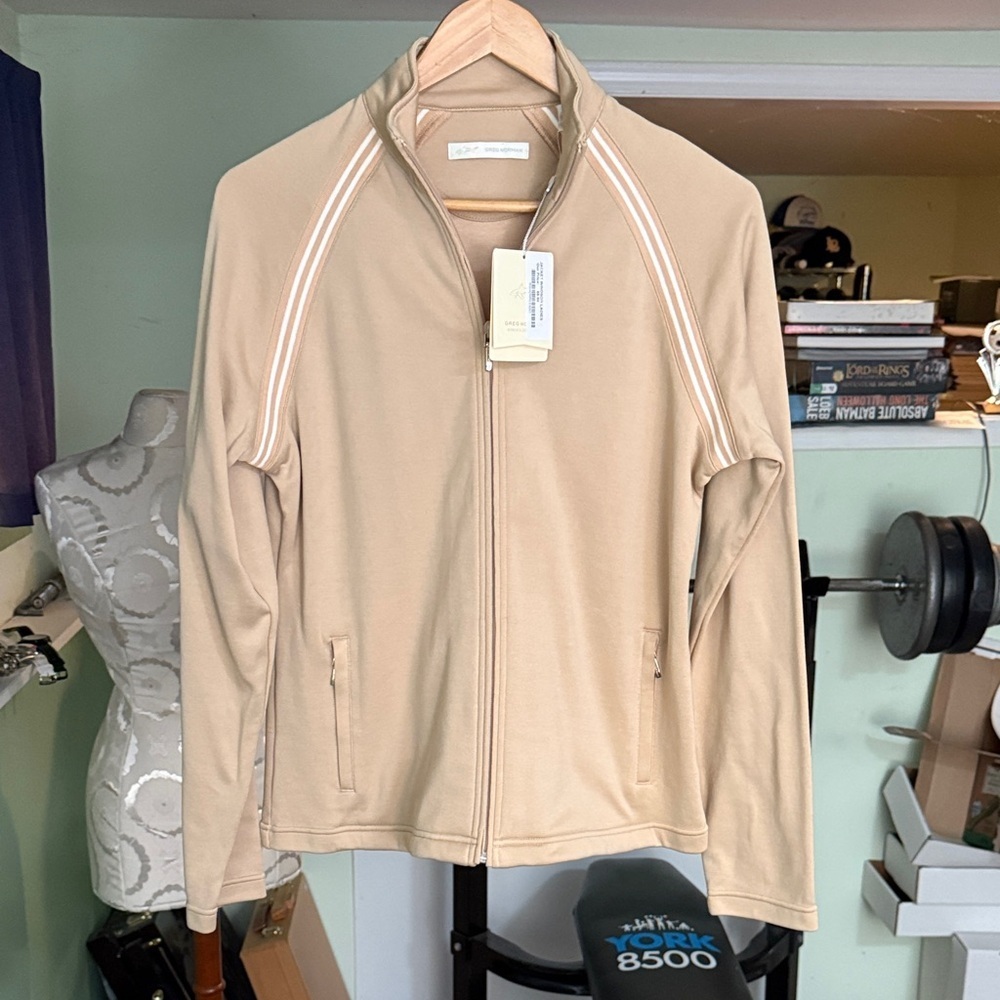 Greg Norman, Ladies Golf Jacket, Beige Full-Zip Track Jacket with Stripes, NWT
